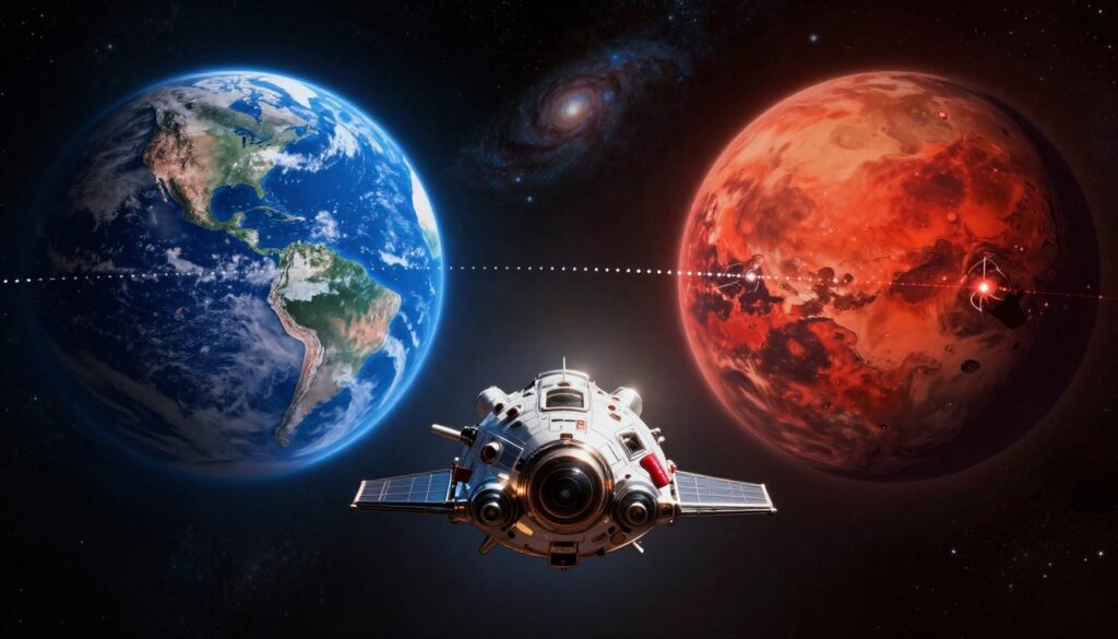 A stunning cosmic illustration of the distance from Earth to Mars. In the foreground, a sleek spacecraft emerges majestically, symbolizing space travel, detailed with reflective surfaces to capture the surrounding light. The middle ground features an expansive view of space, showcasing the vibrant blue Earth on one side and the red surface of Mars on the other, with a dotted line tracing the path between them, representing millions of kilometers. In the background, a star-filled galaxy sparkles, embracing the vastness of space. The lighting is dramatic, with a soft glow illuminating the spacecraft and planets, while shadows deepen the sense of distance. The overall atmosphere should evoke wonder and curiosity about interplanetary travel, emphasizing the challenges of reaching Mars from Earth.