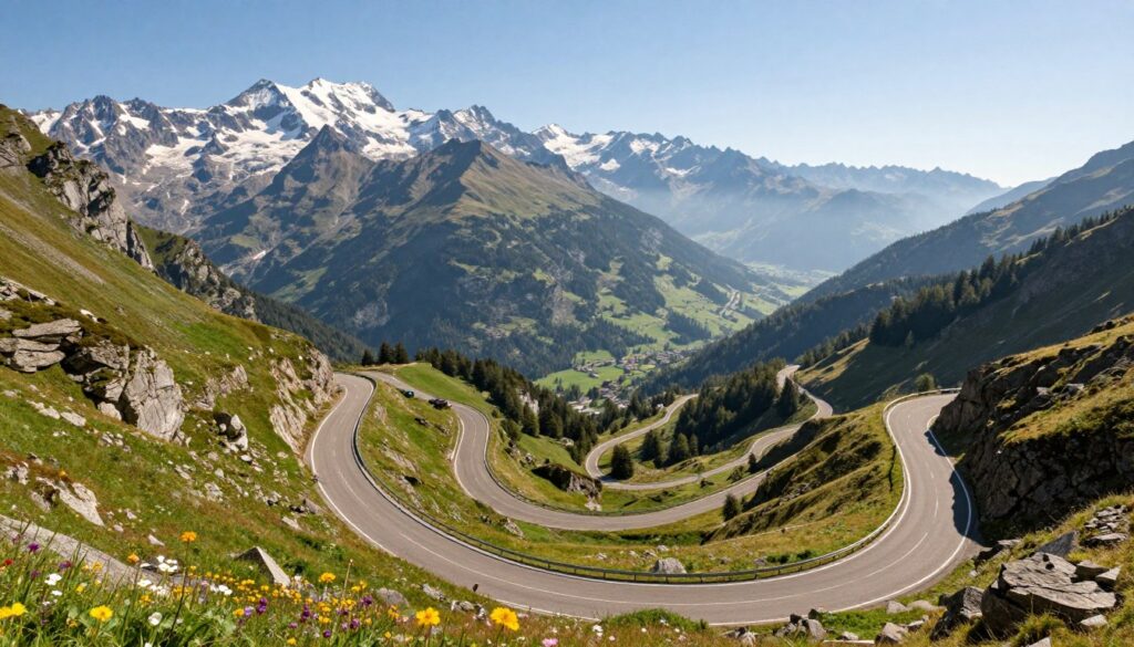 A stunning view of mountain corridors through the Alps, showcasing winding roads and lush valleys. In the foreground, a scenic alpine road curves majestically, flanked by vibrant wildflowers and rugged rocks. The middle ground highlights dramatic snow-capped peaks under a clear blue sky, with patches of green forests cascading down the slopes. In the background, distant mountains fade into soft, misty layers, creating depth and perspective. Use warm, natural lighting to depict a serene midday atmosphere, emphasizing the beauty and grandeur of this magnificent landscape. Capture the essence of progress and connectivity, illustrating the key transport corridors that weave through this breathtaking alpine terrain. The composition should inspire a sense of adventure and exploration in the viewer.