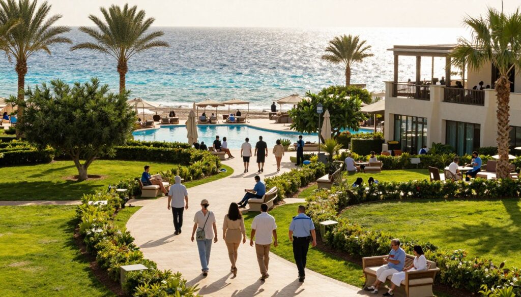 A tranquil resort scene in Marsa Alam, showcasing a luxurious hotel surrounded by lush greenery and well-maintained pathways. In the foreground, diverse guests dressed in modest casual clothing are seen enjoying the serene environment, walking along the pathways or relaxing on elegant benches. The middle ground features the hotel structure with balconies overlooking the pool area, where families mingle safely. In the background, the shimmering Red Sea glistens under the bright sun, and the gentle waves lap against the shore. The scene is illuminated by warm, golden hour lighting, providing a welcoming atmosphere. Capture this image from a slightly elevated angle to emphasize the expansive view of the resort’s safety measures, including visible security personnel in professional attire ensuring guest safety.
