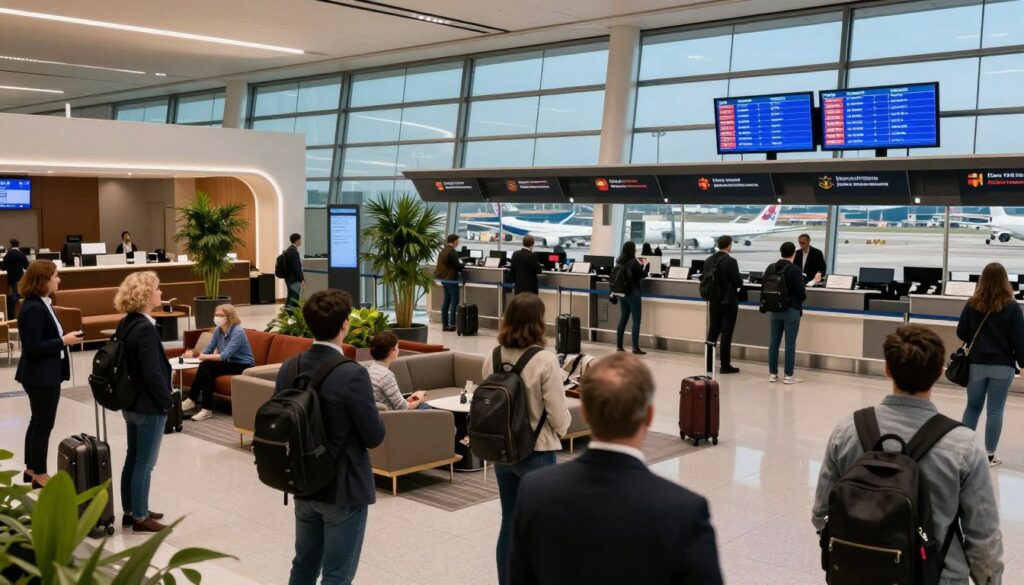 A travel-themed image focusing on the concept of layover times in a modern airport setting. In the foreground, a diverse group of travelers, dressed in business attire and casual clothing, are looking at departure screens displaying flight information. In the middle ground, a luxurious lounge area with comfortable seating and plants creates a relaxing atmosphere. Various airline logos can be seen on check-in counters. The background features large windows revealing aircraft on the tarmac and distant cityscapes under a clear blue sky. Soft, ambient lighting enhances the feeling of anticipation and excitement. The angle is slightly elevated, giving a comprehensive view of the vibrant airport environment, embodying the hustle and bustle of international travel.