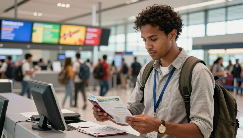A traveler in professional attire, standing at an airport check-in counter, preparing for a flight to Zanzibar. In the foreground, focus on their attentive expression as they review important travel documents like passports and visa papers. The middle ground features a bustling airport with travelers and colorful destination boards, while the background showcases a bright, spacious terminal with large windows letting in natural light. Ensure the lighting is warm and inviting, capturing the excitement of travel. Convey a mood of anticipation and preparation, illustrating the essential steps for a successful journey.