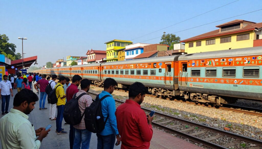 A vibrant Indian train station, bustling with energy. In the foreground, a diverse group of travelers in modest casual clothing waits on the platform, some checking mobile apps for transport updates. The middle ground features a colorful passenger train, intricately detailed with patterns typical of Indian culture, moving along the tracks. The background showcases traditional architecture, with an array of colorful buildings under a clear blue sky, hinting at the early morning sunlight illuminating the scene. The atmosphere is lively yet organized, reflecting a sense of safety and ease in transport. The photo is shot with a wide-angle lens to capture the dynamic environment, enhancing the feeling of movement and accessibility in Indian transportation.
