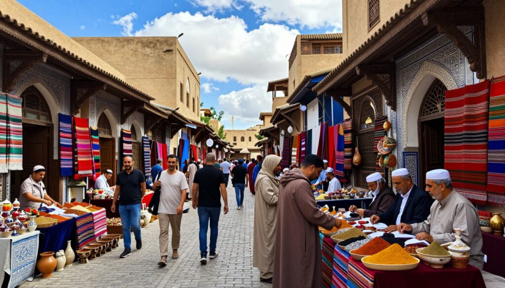 A vibrant Tunisian medina bustling with activity, showcasing market stalls filled with colorful woven textiles, fragrant spices, and handmade pottery. In the foreground, a group of diverse tourists in modest clothing interact with local artisans, experiencing the culture and warmth of the community. In the middle ground, narrow cobblestone streets wind through the medina, lined with ancient architecture featuring intricate tile work and arched doorways. The background features a bright blue sky with soft, fluffy clouds above, casting gentle sunlight that enhances the lively atmosphere. The scene evokes a sense of safe exploration and cultural immersion, with a focus on shared experiences and joyful interactions. The composition should be captured with a wide-angle lens to emphasize the depth of the bustling marketplace. A vibrant Tunisian medina bustling with activity, showcasing market stalls filled with colorful woven textiles, fragrant spices, and handmade pottery. In the foreground, a group of diverse tourists in modest clothing interact with local artisans, experiencing the culture and warmth of the community. In the middle ground, narrow cobblestone streets wind through the medina, lined with ancient architecture featuring intricate tile work and arched doorways. The background features a bright blue sky with soft, fluffy clouds above, casting gentle sunlight that enhances the lively atmosphere. The scene evokes a sense of safe exploration and cultural immersion, with a focus on shared experiences and joyful interactions. The composition should be captured with a wide-angle lens to emphasize the depth of the bustling marketplace.