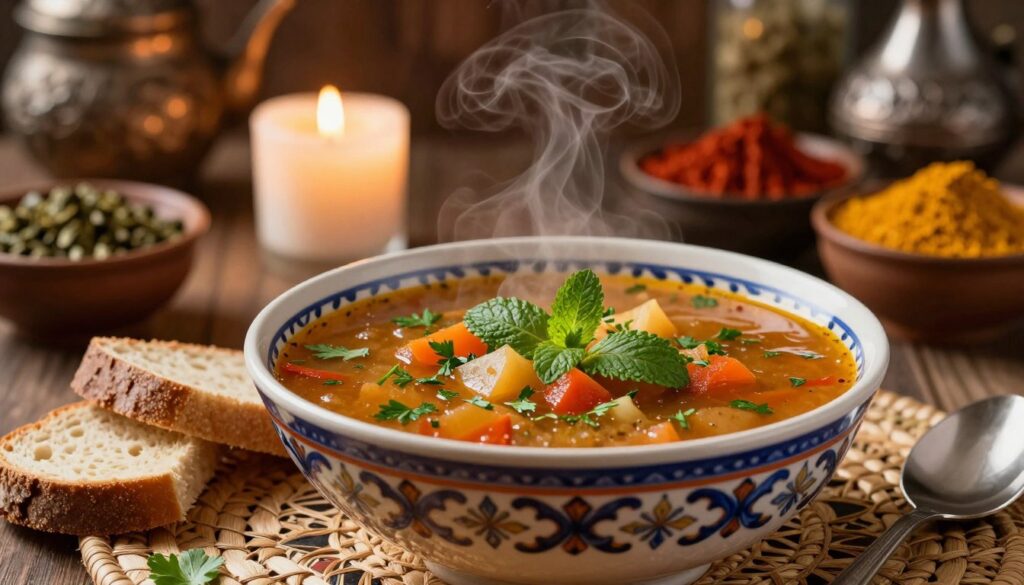 A vibrant Turkish çorba placed elegantly in a traditional, ornate bowl, garnished with fresh herbs like parsley and mint, creating an inviting atmosphere. In the foreground, the soup is steaming, showcasing a rich, hearty texture with visible chunks of vegetables. Beside the bowl, rustic bread is presented on a decorative woven mat, enhancing the authenticity of the scene. In the middle ground, there is a gently flickering candle, providing soft, warm lighting that casts a cozy glow. The background features an array of colorful Turkish spices and ingredients, hinting at the flavor complexity, with a blurred view of a traditional Turkish kitchen. The mood is inviting and warm, embodying the essence of a hearty Turkish meal. Use a camera angle that highlights the depth of the bowl and the inviting nature of the dish.