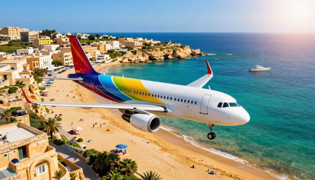 A vibrant aerial view of a seasonal flight approaching Malta, showcasing a colorful aircraft against a backdrop of the Mediterranean Sea. In the foreground, you see the airplane descending, wings glistening in the sunlight, while below, the picturesque coastline of Malta unfurls, characterized by golden sandy beaches and rocky cliffs. The middle ground features small towns with whitewashed buildings under a bright blue sky, dotted with holidaymakers enjoying the sunny weather. The background should capture the serene turquoise waters, with a few yachts bobbing gently. The lighting is warm and inviting, evoking a cheerful summer atmosphere, shot from a slightly elevated angle to emphasize the plane's path and the island's beauty.