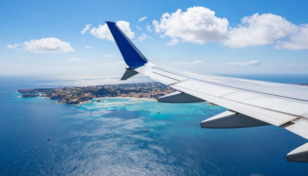 A vibrant aerial view of an airplane flying above the Mediterranean Sea towards Malta, with a clear blue sky and fluffy white clouds. In the foreground, showcase the airplane's wings and tail, emphasizing its sleek design and modern features. The middle ground features the sparkling turquoise waters of the Mediterranean, dotted with small sailboats and a distant view of Malta's distinctive coastline, showcasing rugged cliffs and beautiful sandy beaches. In the background, capture a hint of the Maltese islands with historical buildings and greenery. The lighting is bright and inviting, reminiscent of a sunny day, creating a cheerful and exploratory mood, perfect for illustrating direct flights to Malta.