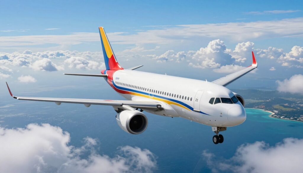 A vibrant aerial view of an airplane flying above the clouds on its journey to Zanzibar, with a backdrop of a clear blue sky and soft, fluffy white clouds. In the foreground, the airplane is depicted in sharp detail, showcasing its sleek design and vibrant colors. The middle ground features a panoramic view of the vast ocean below, sparkling under the sun, hinting at the exotic destination. In the background, a distant glimpse of the lush landscapes of Zanzibar can be imagined, creating a sense of adventure. The lighting is bright and optimistic, conveying a sense of excitement and possibility. The overall mood is uplifting and inspiring, perfect for a travel-related theme.