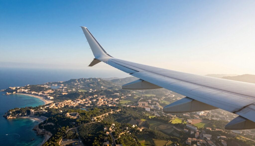 A vibrant aerial view of an airplane soaring through a clear blue sky, symbolizing flight duration to Mallorca. In the foreground, a sleek aircraft's wing is visible, showcasing intricate details like the flap and engine. The middle layer features a picturesque landscape of Mallorca below, with lush greenery, sandy beaches, and iconic Mediterranean architecture scattered along the coast. In the background, a distant horizon stretches under a sunlit sky, reflecting a warm and inviting atmosphere. The scene captures a sense of adventure and travel, with soft, diffused lighting creating a serene yet exhilarating mood. The angle from above emphasizes the journey, perfect for illustrating the theme of flight duration from popular cities in Poland to the beautiful island of Mallorca. A vibrant aerial view of an airplane soaring through a clear blue sky, symbolizing flight duration to Mallorca. In the foreground, a sleek aircraft's wing is visible, showcasing intricate details like the flap and engine. The middle layer features a picturesque landscape of Mallorca below, with lush greenery, sandy beaches, and iconic Mediterranean architecture scattered along the coast. In the background, a distant horizon stretches under a sunlit sky, reflecting a warm and inviting atmosphere. The scene captures a sense of adventure and travel, with soft, diffused lighting creating a serene yet exhilarating mood. The angle from above emphasizes the journey, perfect for illustrating the theme of flight duration from popular cities in Poland to the beautiful island of Mallorca.