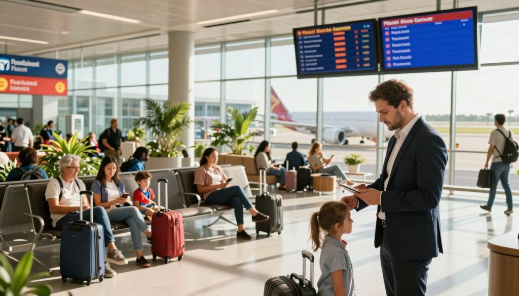 A vibrant airport scene illustrating the concept of flight time from Poland to Cancún. In the foreground, a well-dressed business traveler checking flight information on a digital board, with a focused expression. The middle ground features diverse passengers, including families and solo travelers, with luggage, waiting comfortably in a modern airport lounge filled with plants and large windows revealing bright sunlight. In the background, colorful airline signs and a view of aircraft at the gates, suggesting tropical destinations. The overall atmosphere should convey excitement and anticipation for travel, with warm lighting and a wide-angle perspective that captures the bustle of the airport.
