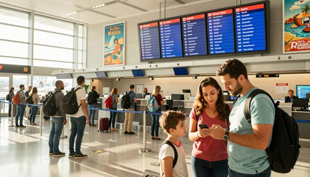 A vibrant airport scene showcasing a group of travelers looking at flight information boards displaying destinations, including Tel Aviv. In the foreground, a family, dressed in casual, comfortable clothing, consults a smartphone, discussing the best options for affordable flights. In the middle, a busy terminal with check-in counters and people queuing, with expansive glass windows letting in bright sunlight. The background features vintage posters of travel destinations, exuding a sense of adventure and exploration. The lighting is warm and inviting, creating an energetic atmosphere that suggests excitement and anticipation for the travel experience. The image should be shot from a slightly elevated angle to capture both the travelers and the bustling terminal ambiance, creating a sense of depth and movement. A vibrant airport scene showcasing a group of travelers looking at flight information boards displaying destinations, including Tel Aviv. In the foreground, a family, dressed in casual, comfortable clothing, consults a smartphone, discussing the best options for affordable flights. In the middle, a busy terminal with check-in counters and people queuing, with expansive glass windows letting in bright sunlight. The background features vintage posters of travel destinations, exuding a sense of adventure and exploration. The lighting is warm and inviting, creating an energetic atmosphere that suggests excitement and anticipation for the travel experience. The image should be shot from a slightly elevated angle to capture both the travelers and the bustling terminal ambiance, creating a sense of depth and movement.