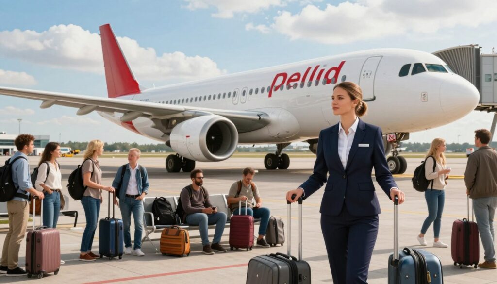 A vibrant airport scene showcasing direct flights, prominently featuring a modern airplane ready for takeoff at a bustling international airport terminal. In the foreground, an airline representative in professional attire assists travelers, illustrating the accessibility of direct flights from Poland. In the middle ground, diverse passengers with luggage wait eagerly, showcasing a mix of nationalities enjoying the travel experience. The background features a clear blue sky with fluffy clouds, emphasizing the feeling of freedom and adventure associated with flying. Soft natural lighting illuminates the scene, creating a warm and welcoming atmosphere. The angle is slightly elevated, capturing the dynamic movement of the airport and the anticipation of travel, reflecting the theme of direct flights. A vibrant airport scene showcasing direct flights, prominently featuring a modern airplane ready for takeoff at a bustling international airport terminal. In the foreground, an airline representative in professional attire assists travelers, illustrating the accessibility of direct flights from Poland. In the middle ground, diverse passengers with luggage wait eagerly, showcasing a mix of nationalities enjoying the travel experience. The background features a clear blue sky with fluffy clouds, emphasizing the feeling of freedom and adventure associated with flying. Soft natural lighting illuminates the scene, creating a warm and welcoming atmosphere. The angle is slightly elevated, capturing the dynamic movement of the airport and the anticipation of travel, reflecting the theme of direct flights.