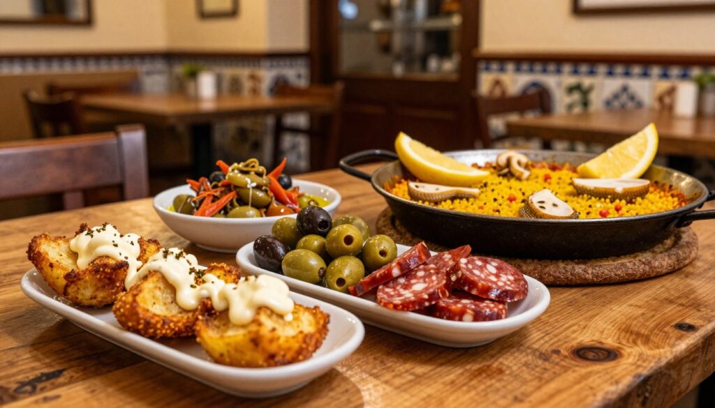 A vibrant and enticing array of tapas presented on a rustic wooden table, showcasing an assortment of regional specialties. In the foreground, feature crispy patatas bravas drizzled with spicy aioli, alongside a colorful selection of marinated olives and slices of chorizo. In the middle, a small bowl of gambas al ajillo, sizzling in olive oil with garlic, complements a beautiful paella dish displayed prominently. The background should portray a softly lit Spanish bistro, with warm, inviting hues and traditional tiled decor, evoking a cozy atmosphere. The lighting is warm and ambient, creating an inviting mood suitable for dining. The image captures the essence of bustling Barcelona's culinary delights, enticing viewers to indulge in these delicious tapas.