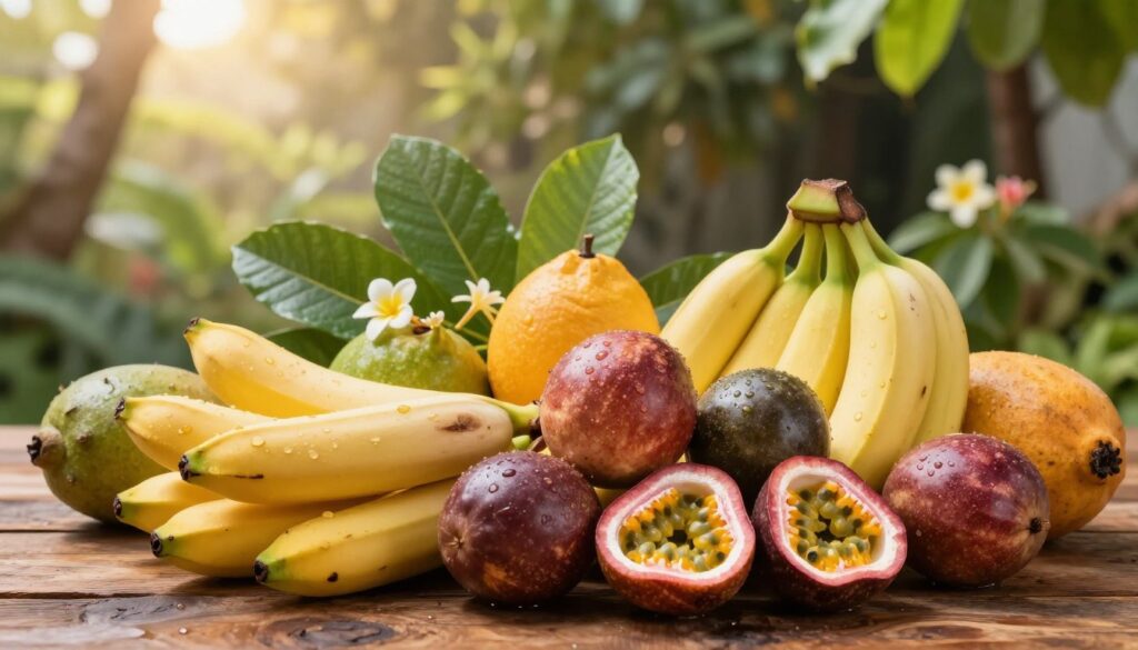 A vibrant arrangement of tropical fruits, including ripe bananas, luscious passion fruits, and assorted exotic fruits, displayed on a rustic wooden table. The foreground features the fruits artfully piled together, showcasing their vivid colors and textures, with droplets of water to emphasize freshness. In the middle ground, include lush green leaves and small flowers to create a natural setting. The background features a soft, blurred garden scene with gentle sunlight filtering through the trees, producing a warm and inviting atmosphere. Use diffused lighting to enhance the colors and shadows, capturing the essence of Madeira's sweet fruits. The angle should be slightly above eye-level, providing an inviting view of the fruit display.
