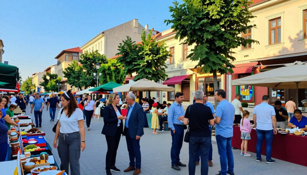 A vibrant city street scene in Serbia, focusing on a bustling marketplace filled with local vendors and shoppers. In the foreground, a diverse group of people dressed in smart casual attire are engaging in friendly conversations, exuding a sense of community and safety. The middle ground features colorful storefronts and a well-maintained public area, with trees providing shade, and families enjoying the atmosphere. The background showcases iconic Serbian architecture under a clear, blue sky, with soft sunlight casting warm highlights on the buildings. The overall mood is welcoming and secure, emphasizing a sense of unity and peace in urban life. The image should be captured from a slightly elevated angle to provide a comprehensive view of the scene, inviting the viewer to appreciate the safety and vibrancy of city life in Serbia.