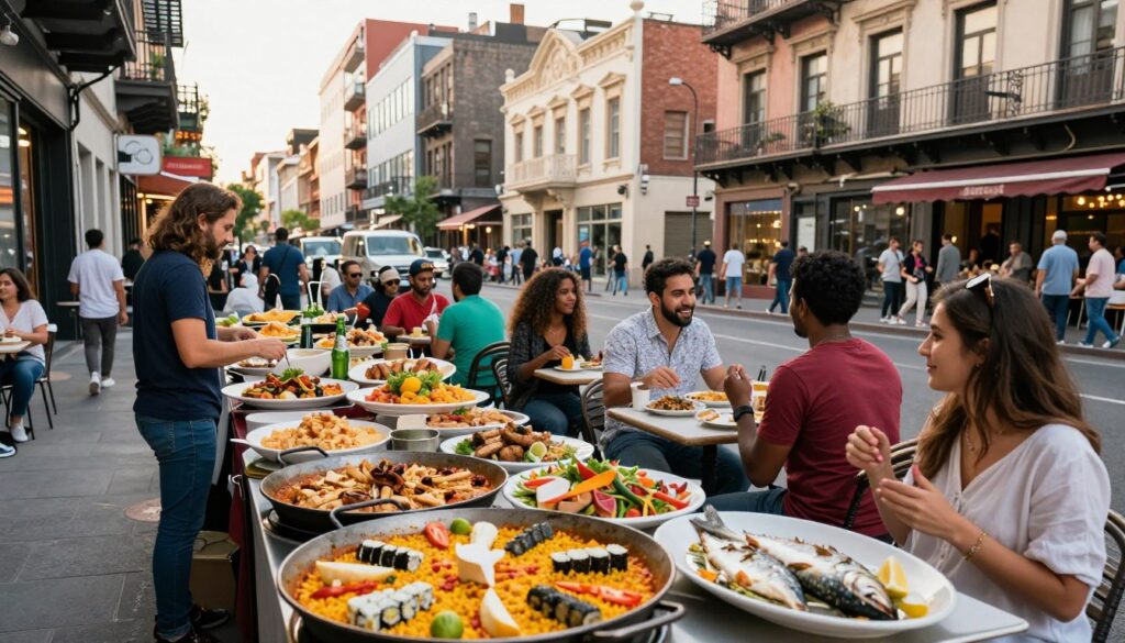 A vibrant city street scene showcasing an array of international cuisines in a bustling urban center. In the foreground, a small outdoor market stall displays colorful dishes from around the world, such as paella, sushi, and fresh local fish, inviting passersby. In the middle ground, people of diverse backgrounds, dressed in casual attire, are seated at outdoor tables enjoying meals while conversing cheerfully. Buildings with unique architectural styles from different cultures frame the street, offering a lively backdrop. Soft, diffused afternoon sunlight bathes the scene, creating a warm and inviting atmosphere. The angle is slightly elevated, offering a view that captures the vibrancy and diversity of culinary experiences available in the city.
