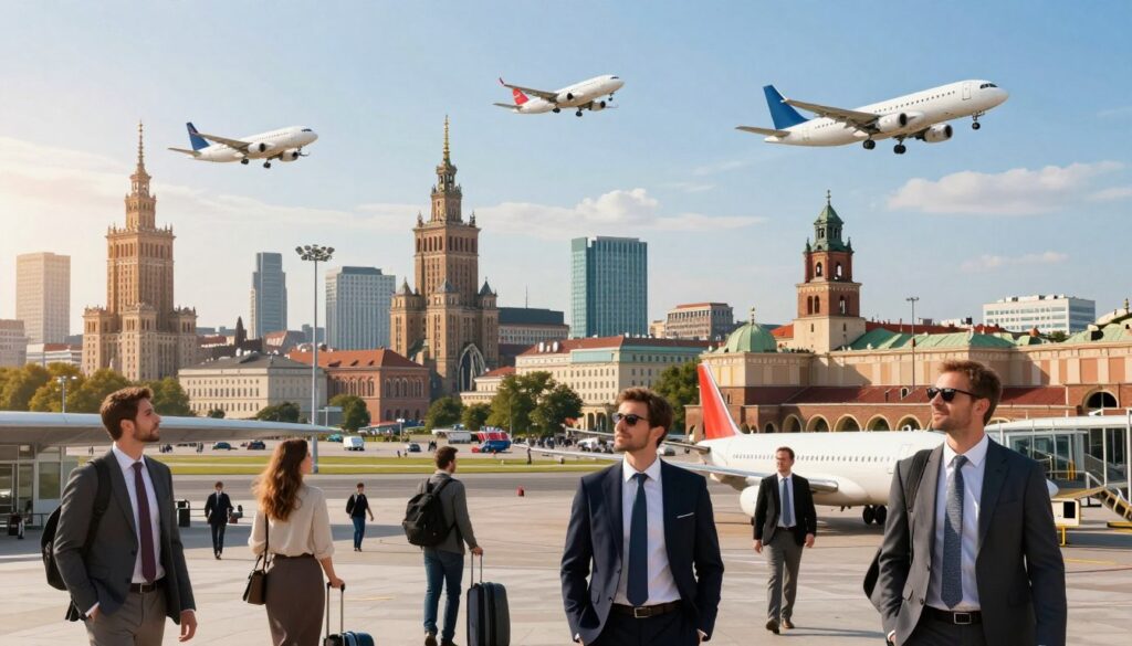 A vibrant cityscape of various Polish cities, including Warsaw, Kraków, and Wrocław, depicted in a panoramic view. In the foreground, an international airport terminal bustling with travelers dressed in professional business attire, all looking eagerly towards their journeys. The middle layer features airplanes ready for takeoff, with clear skies and sunlit conditions enhancing the mood of excitement and adventure. In the background, distinct landmarks of each city are visible, blending cultural elements like historic architecture and modern infrastructure. The lighting is warm and inviting, suggesting a bright, hopeful day for travel. A sense of motion is captured as planes ascend into the sky, symbolizing the connection between Poland and destinations in Kenya.
