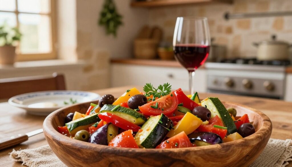 A vibrant, colorful display of "kapunata warzywna," a traditional Maltese vegetable stew, showcased in a rustic setting. In the foreground, a wooden bowl overflowing with a rich mixture of eggplant, zucchini, bell peppers, tomatoes, and olives, garnished with fresh herbs. The middle ground features rustic tableware and a glass of local red wine, highlighting the culinary experience. In the background, a softly blurred traditional Maltese kitchen with stone walls and hanging herbs, emitting a warm, inviting atmosphere. The lighting is soft and natural, emulating late afternoon sun filtering through a window, enhancing the rich colors of the vegetables. The mood is homely and comforting, evoking the essence of a light, wholesome meal on the Mediterranean island.