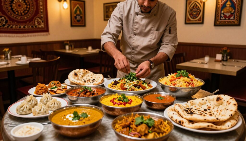 A vibrant, colorful spread of Indian and Nepali dishes, showcasing a variety of traditional plates. In the foreground, a beautifully arranged table holds aromatic dishes like curry, dal, momo, and biryani, accompanied by naan bread and vibrant chutneys. In the middle, a chef in a modest, professional outfit expertly garnishes the food with fresh herbs, emphasizing the artisanal preparation. The background features a cozy restaurant interior, with warm lighting that casts a welcoming glow, and decorative elements like Indian tapestries and Nepali art on the walls. Showcase an inviting atmosphere filled with rich colors and textures, evoking the warmth and depth of these culinary traditions, perfect for a food-loving audience.