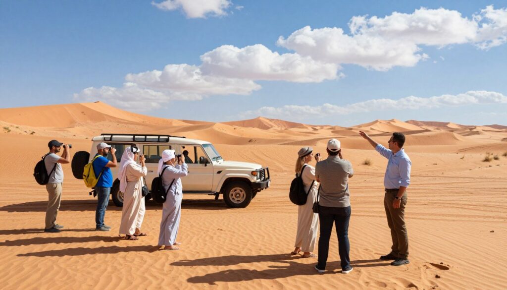 A vibrant desert landscape showcasing a safe guided tour in Marsa Alam. In the foreground, depict a small group of well-dressed tourists, taking photographs and admiring the stunning views, while a knowledgeable tour guide gestures toward the horizon. In the middle ground, illustrate a sturdy 4x4 vehicle parked on the sandy terrain, reflecting the adventure of a safari experience. In the background, include the majestic red dunes of the desert set against a bright blue sky with fluffy white clouds, creating a serene and inviting atmosphere. Bright, warm lighting captures the excitement of the excursion, while the composition highlights the safety and enjoyment of exploring this beautiful region.