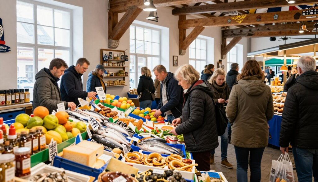 A vibrant indoor market scene at Hala Targowa in Gdynia, bustling with activity. In the foreground, a diverse group of people in modest casual clothing are selecting fresh seafood, colorful fruits, and artisanal goods from vendor stalls. Brightly colored displays create a lively atmosphere, enhanced by warm, natural lighting that pours in through large windows. In the middle, vendor tables are adorned with fresh fish, local cheeses, and baked goods, inviting shoppers to explore. The background reveals rustic wooden beams and charming decorative elements that hint at the market's historical significance. The entire scene conveys a sense of community and excitement, showcasing the best of local shopping experiences along the coast.