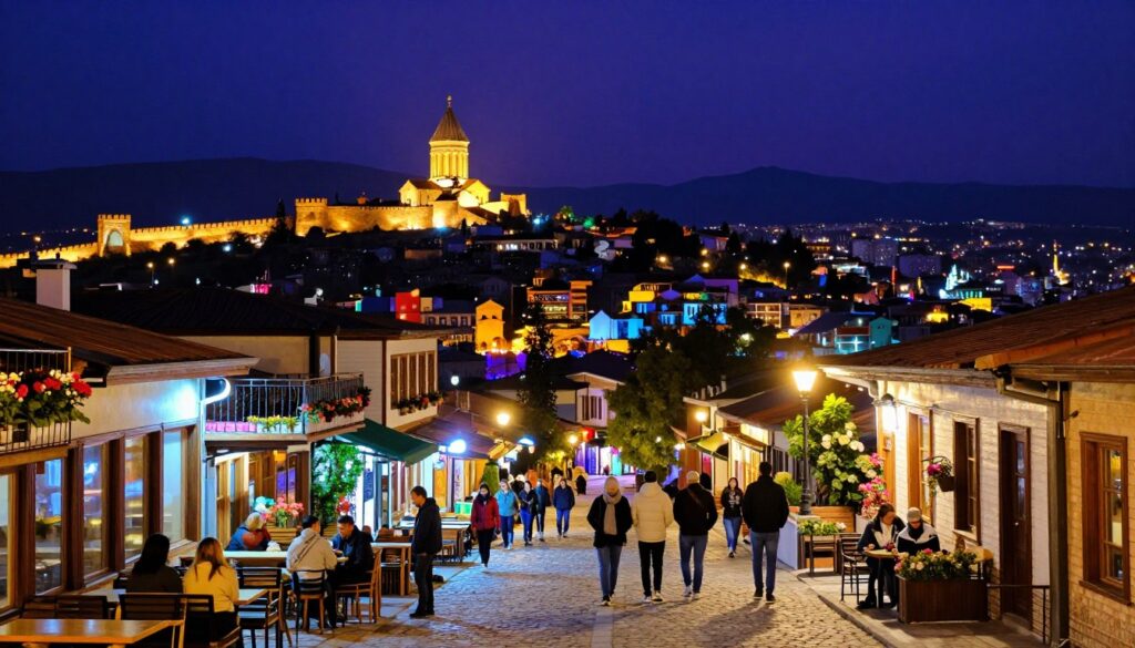 A vibrant night scene of Tbilisi, Georgia, showcasing the city illuminated by colorful lights. In the foreground, a cobblestone street lined with quaint cafes and shops, where tourists are casually conversing while dressed in light jackets, reflecting the cool evening air. The middle ground features traditional Georgian architecture with balconies adorned with flowers, under the warm glow of street lamps. In the background, the iconic Narikala Fortress subtly lit, overlooking the city, with the silhouette of the Caucasus Mountains under a starry sky. The atmosphere is lively yet peaceful, inviting visitors to explore, with a deep blue and purple night sky creating a magical feel. Use a wide-angle perspective to capture the full essence of the stunning cityscape.