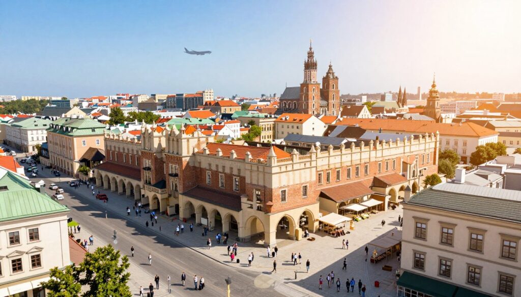 A vibrant, picturesque aerial view of a European city skyline, showcasing recognizable landmarks from several Polish cities such as Warsaw, Kraków, and Wrocław. The foreground should feature bustling city streets filled with people dressed in smart casual attire, carrying luggage, symbolizing the excitement of travel. The middle ground reveals distinct architectural styles of the buildings, with a clear sky overhead suggesting a sunny day. In the background, a subtle silhouette of an airplane ascending, connecting the cities to the sunny beaches of Fuerteventura, evokes a sense of adventure. The lighting is warm and inviting, casting soft shadows, with a slight lens flare to enhance the mood of anticipation and wanderlust.