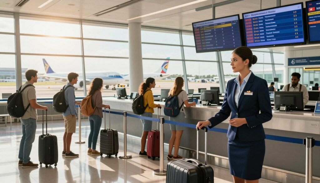 A vibrant scene at an international airport showcasing a modern airline check-in area. In the foreground, a professional airline staff member in business attire assists travelers. The middle ground features travelers of diverse backgrounds checking in for flights to Mauritius, with suitcases and travel bags, displaying a buzz of excitement. Flight information screens show various destinations, emphasizing routes and schedules. The background captures large panoramic windows revealing airplanes on the tarmac, illuminated by warm natural sunlight streaming in, creating a welcoming atmosphere. The mood is energetic and organized, conveying the anticipation of travel. The image should feel dynamic yet polished, highlighting the importance of selecting efficient airline routes for a smooth journey. A vibrant scene at an international airport showcasing a modern airline check-in area. In the foreground, a professional airline staff member in business attire assists travelers. The middle ground features travelers of diverse backgrounds checking in for flights to Mauritius, with suitcases and travel bags, displaying a buzz of excitement. Flight information screens show various destinations, emphasizing routes and schedules. The background captures large panoramic windows revealing airplanes on the tarmac, illuminated by warm natural sunlight streaming in, creating a welcoming atmosphere. The mood is energetic and organized, conveying the anticipation of travel. The image should feel dynamic yet polished, highlighting the importance of selecting efficient airline routes for a smooth journey.