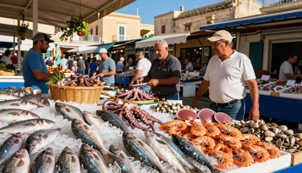 A vibrant scene depicting a bustling fish and seafood market in a coastal Sicilian town. In the foreground, a variety of fresh fish, shrimp, and shellfish are artfully arranged on gleaming ice, glistening under warm, golden sunlight. The middle ground features local vendors, dressed in modest casual clothing, eagerly interacting with customers. They showcase their colorful catches, with baskets overflowing with octopus and bright scallops. The background reveals charming, sun-soaked buildings typical of Sicilian architecture, with hanging plants and bright awnings. A clear blue sky adds to the atmosphere, creating a lively, inviting mood that celebrates the rich marine bounty of Sicily. Shot from a slightly elevated angle to capture the energy and variety of the market. A vibrant scene depicting a bustling fish and seafood market in a coastal Sicilian town. In the foreground, a variety of fresh fish, shrimp, and shellfish are artfully arranged on gleaming ice, glistening under warm, golden sunlight. The middle ground features local vendors, dressed in modest casual clothing, eagerly interacting with customers. They showcase their colorful catches, with baskets overflowing with octopus and bright scallops. The background reveals charming, sun-soaked buildings typical of Sicilian architecture, with hanging plants and bright awnings. A clear blue sky adds to the atmosphere, creating a lively, inviting mood that celebrates the rich marine bounty of Sicily. Shot from a slightly elevated angle to capture the energy and variety of the market.