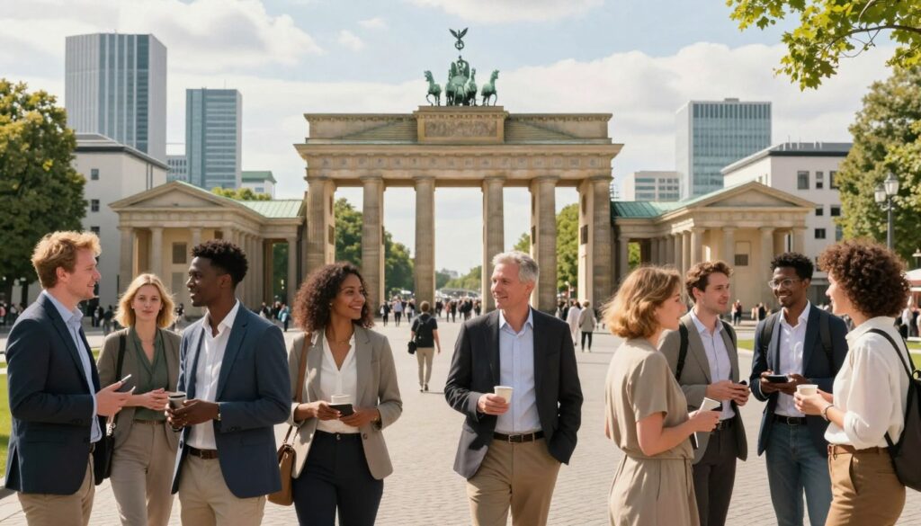 A vibrant scene depicting a diverse group of residents in Germany, showcasing their cultural richness and modern lifestyle. In the foreground, a mix of men and women of various ethnic backgrounds, dressed in professional business attire and modest casual clothing, engage in friendly conversation. In the middle ground, the iconic Brandenburg Gate stands proudly, symbolizing Germany's history, while lush greenery surrounds it. In the background, a lively cityscape of Berlin unfolds, with modern skyscrapers and historical architecture blending harmoniously. The lighting is warm and inviting, capturing the essence of a sunny afternoon. The overall mood is cheerful and dynamic, reflecting the unity and diversity of the German population.