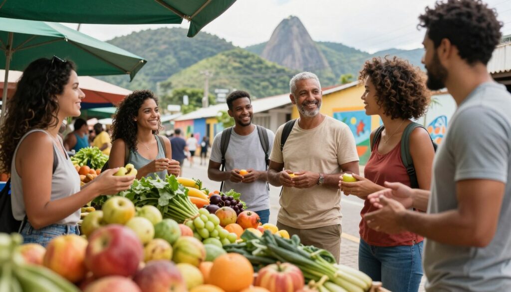 A vibrant scene depicting healthy travel practices, showcasing fresh fruits and vegetables at a local Brazilian market in the foreground, emphasizing the importance of nutrition while traveling. The middle ground features a diverse group of travelers engaging with local vendors, dressed in modest, casual attire, smiling and exchanging ideas about food safety. In the background, iconic Brazilian landscapes like lush green hills and colorful street art hint at the vibrant culture. The image should have warm, natural lighting to create an inviting atmosphere, with a slight focus on the market's lively activity, capturing the spirit of adventure while highlighting health and safety in food choices.