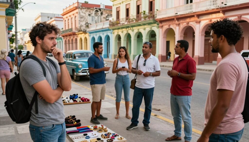 A vibrant scene depicting the common dangers tourists might face in Cuba, focusing on themes of theft, scams, and local hustlers. In the foreground, a cautious tourist observes suspicious individuals subtly displaying their wares, dressed in casual clothing, exuding a sense of unease and alertness. In the middle ground, several locals engage in conversation, some posing as friendly guides, while others subtly pocket items from unaware visitors. The background features iconic Cuban architecture and colorful streets, bathed in warm afternoon sunlight, creating a stark contrast to the tension in the scene. The image should convey a mix of cultural vibrancy and underlying caution, captured from a slightly elevated angle to provide a clear perspective on the interactions taking place.