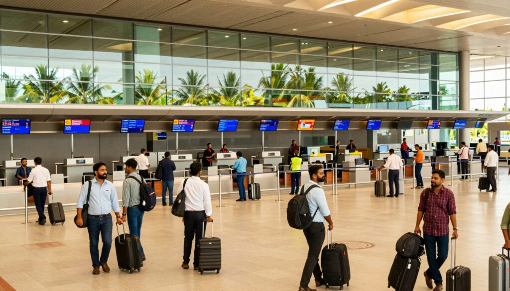A vibrant scene of Bandaranaike International Airport in Sri Lanka, showcasing the modern architecture of the terminal with a sleek glass façade. In the foreground, a diverse group of travelers in professional business attire and modest casual clothing are arriving, pulling luggage and looking at arrival screens, conveying a sense of excitement and anticipation. The middle ground features the busy terminal with check-in counters and friendly airport staff assisting passengers. In the background, lush tropical greenery is visible outside the terminal, enhancing the sense of arrival in a beautiful destination. The scene is bathed in warm, natural lighting, evoking a welcoming atmosphere, photographed at a slightly elevated angle to capture the bustling energy of the airport. A vibrant scene of Bandaranaike International Airport in Sri Lanka, showcasing the modern architecture of the terminal with a sleek glass façade. In the foreground, a diverse group of travelers in professional business attire and modest casual clothing are arriving, pulling luggage and looking at arrival screens, conveying a sense of excitement and anticipation. The middle ground features the busy terminal with check-in counters and friendly airport staff assisting passengers. In the background, lush tropical greenery is visible outside the terminal, enhancing the sense of arrival in a beautiful destination. The scene is bathed in warm, natural lighting, evoking a welcoming atmosphere, photographed at a slightly elevated angle to capture the bustling energy of the airport.