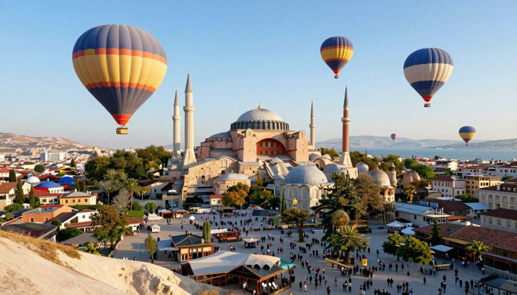 A vibrant scene showcasing popular tourist destinations in Turkey viewed from the air, with iconic landmarks like the Hagia Sophia and Cappadocia hot air balloons in the foreground. In the middle ground, traditional Turkish architecture and bustling bazaars depict the cultural richness, while serene coastlines of the Aegean Sea fill the background. The sky is bright and clear, radiating warm sunlight to create a welcoming atmosphere. The perspective should evoke a sense of travel excitement, utilizing a wide-angle lens to capture the expansive beauty of Turkey's landscapes. The image should reflect a sense of adventure and exploration, inviting viewers to imagine their journey from Katowice to these breathtaking locations.