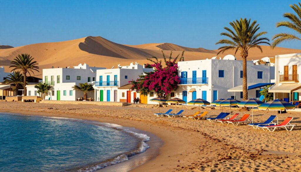 A vibrant scene showcasing the popular holiday destinations of Djerba and Monastir, Tunisia. In the foreground, a picturesque sandy beach with turquoise waters, sun loungers, and vibrant umbrellas under a bright blue sky. The middle ground features traditional whitewashed buildings with colorful doors and flowering bougainvillea, reflecting the charm of Tunisian architecture. In the background, rolling sand dunes and palm trees swaying gently in the warm breeze. The lighting is soft and warm, capturing a late afternoon glow. The atmosphere feels inviting and serene, perfect for a vacation, conveying the allure of these famous Tunisian destinations. No text, logos, or watermarks are present.