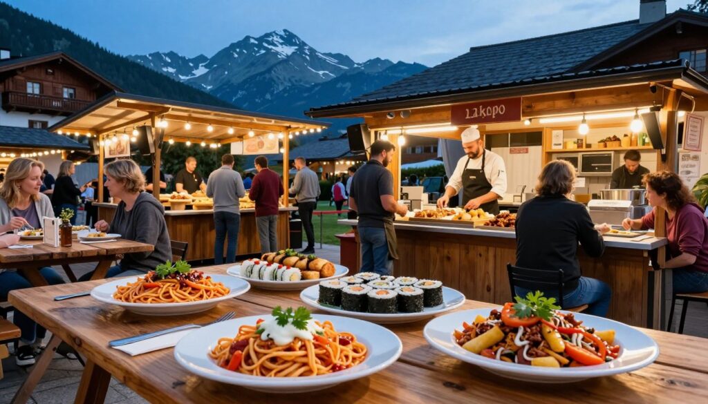 A vibrant street food scene in Zakopane, showcasing a variety of international cuisines. In the foreground, a rustic wooden table filled with colorful plates of Italian pasta, Asian sushi rolls, and tantalizing street food snacks. Soft lighting illuminates the dishes, making the fresh ingredients pop. In the middle ground, a cozy food stall with an inviting atmosphere, decorated with string lights, serving diverse meals. Friendly chefs in casual attire engage with customers, capturing the essence of community dining. The background features the picturesque Tatra Mountains under a clear blue sky, enhancing the mountain town's charm. The overall mood is festive and lively, drawing in locals and tourists alike, inviting them to savor the diverse flavors beyond traditional Polish cuisine.