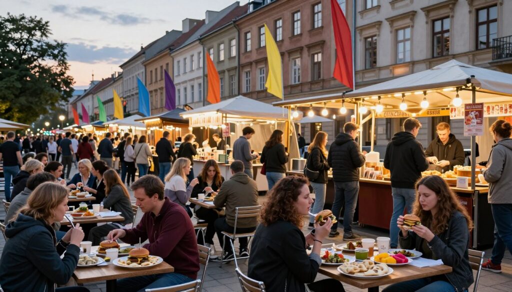 A vibrant street scene at OFF Piotrkowska in Łódź, showcasing a lively gastro space filled with food stands and outdoor seating. In the foreground, a diverse group of people, dressed in casual but modest clothing, enjoying various street foods like gourmet burgers, pierogi, and colorful flatbreads. The middle ground features an array of food stalls adorned with bright flags and lights, emanating a warm, inviting glow as the evening sets in. In the background, the historic architecture of Piotrkowska Street can be seen, softly illuminated under a twilight sky, creating a bustling yet cozy atmosphere. Capture this scene with a wide-angle lens to convey depth and enhance the lively, communal vibe of street dining under soft, diffused lighting.