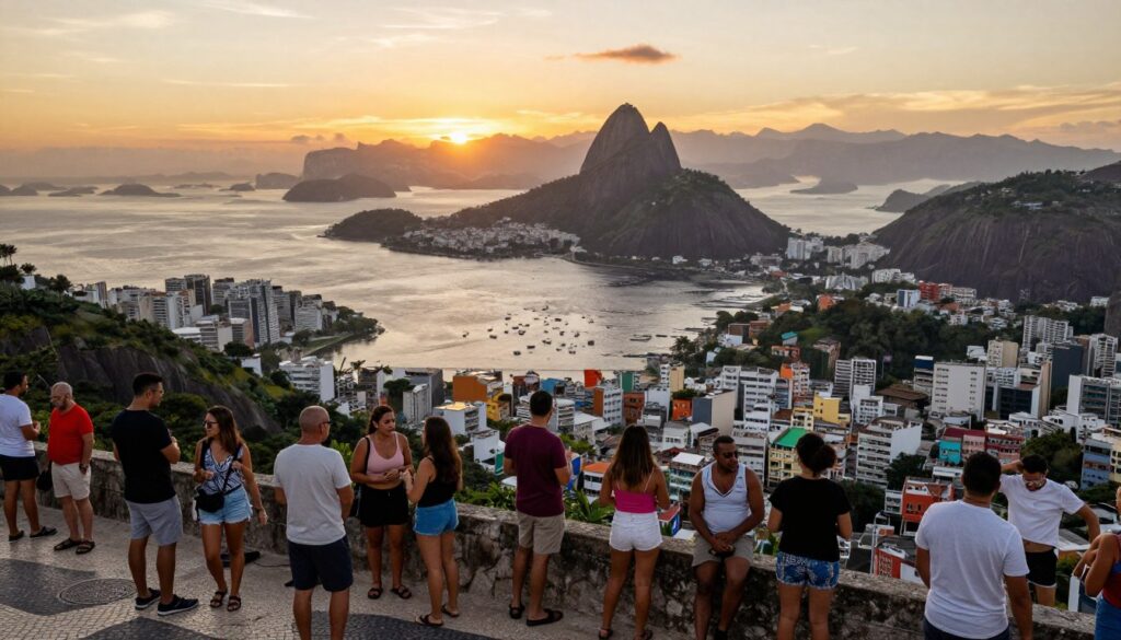 A vibrant sunset over Rio de Janeiro, capturing the iconic Sugarloaf Mountain and the vast Atlantic Ocean in the background. In the foreground, a bustling street scene shows a diverse group of tourists and locals, all dressed in modest casual clothing, engaging in lively conversations. The middle ground features colorful hillside favelas, showcasing the city's unique architecture and vibrant culture. The atmosphere is warm and inviting, with soft golden light bathing the city, creating long shadows. The scene is captured from a slightly elevated angle, offering a panoramic view that emphasizes the contrast between the scenic beauty and urban life. The overall mood is energetic yet safe, reflecting the complex experience of exploring Rio's neighborhoods.