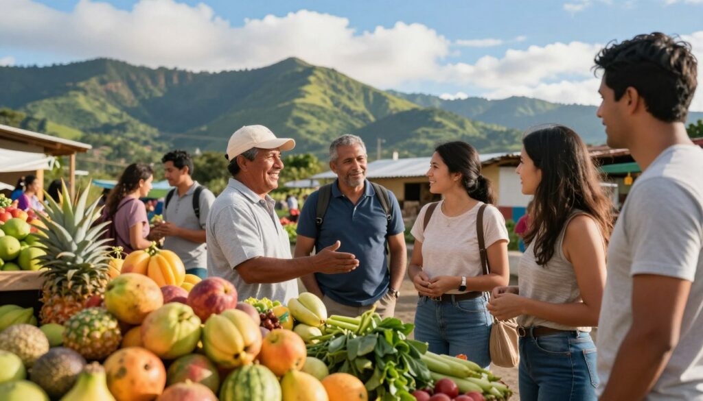 A vibrant travel scene set in Colombia, showcasing a local market environment. In the foreground, showcase a variety of fresh tropical fruits and vegetables, symbolizing safe, healthy food options for travelers. In the middle, depict a friendly vendor smiling and interacting with diverse tourists dressed in modest, casual clothing, emphasizing cultural exchange. In the background, illustrate lush green mountains bathed in warm sunlight, with a clear blue sky and gentle clouds, creating an inviting and safe atmosphere. The scene should convey a sense of health, wellness, and vibrancy, reflecting the essence of safe travel practices in Colombia. Use bright colors and soft lighting to enhance the overall inviting mood of the image.