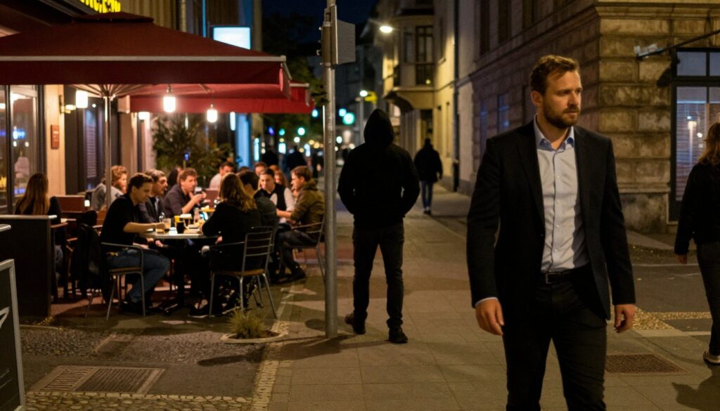 A view of a bustling Berlin street at night, showcasing a mix of vibrant nightlife and subtle hints of urban crime. In the foreground, a concerned passerby in professional attire walks cautiously, glancing at a shadowy figure in the middle ground, representing the hidden dangers of the city. The middle ground highlights a lively outdoor café with groups of people enjoying their evening, contrasting with dimly lit alleyways in the background, where the atmosphere turns tense. Soft streetlights illuminate the scene, casting dramatic shadows that enhance the mood of unease. The camera angle is slightly lower, emphasizing the urban landscape, capturing a sense of vigilance and awareness amid the city's allure. The image conveys a thought-provoking reflection on crime statistics and safety trends in Berlin.