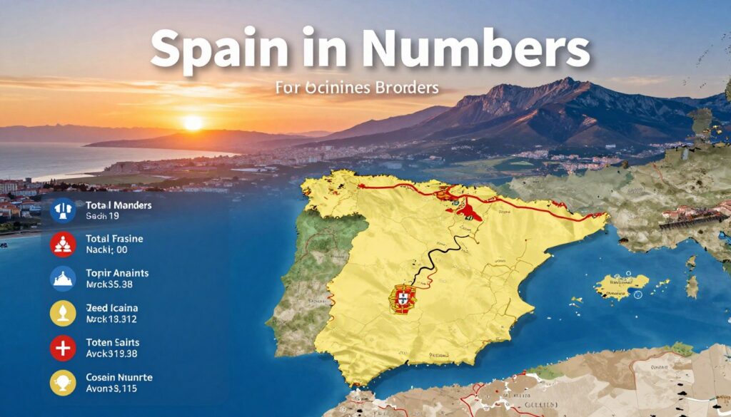 A visually striking representation of "Spain in Numbers," depicting the length of borders, coastline, and extreme territorial points. In the foreground, create a detailed map of Spain, emphasizing its borders with neighboring countries: France and Portugal, illustrated with bold lines. The middle ground features a stylized infographic showcasing key statistics, like the total coastline length and extreme points, with icons representing the Mediterranean Sea and Atlantic Ocean. In the background, a vibrant sunset over a Spanish landscape, blending majestic mountains and coastal views to convey the diverse topography. The overall mood is informative and celebratory, with soft lighting that enhances the colors of Spain’s geography. Use a wide-angle lens to capture the vastness, ensuring clarity and focus on the map elements, avoiding any text overlays or distractions.