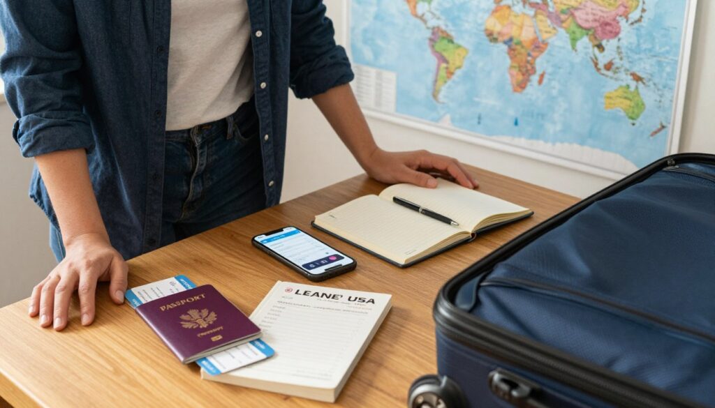 A well-organized travel preparation scene for a flight to the USA, featuring a person in smart-casual clothing standing at a wooden table. In the foreground, there are essential travel items like a passport, boarding pass, travel guide, and a packed suitcase. The middle layer includes a smartphone displaying a flight app and a notebook with a checklist. In the background, a world map is pinned to the wall, with colorful markers indicating various destinations. Soft, warm lighting illuminates the space, creating a cozy and inviting atmosphere, highlighting the excitement and anticipation of travel. Shot from a slightly elevated angle to capture all elements clearly, providing a sense of organization and readiness for the journey ahead.