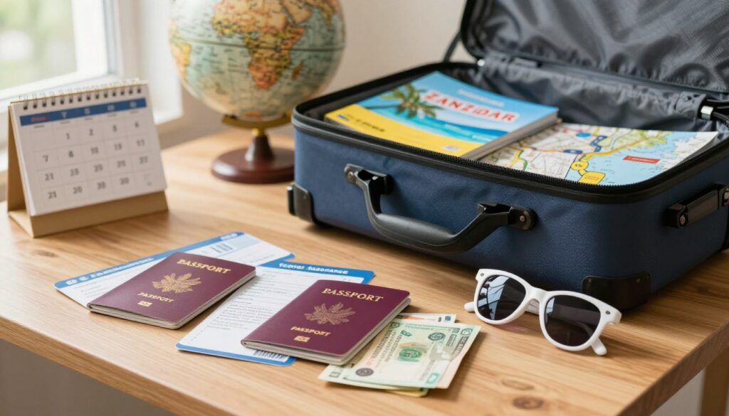 A well-organized travel preparation scene showcasing essential travel documents and money. In the foreground, a neatly arranged collection of passports, boarding passes, a travel insurance policy, and currency notes. A pair of pristine sunglasses rests beside them. In the middle ground, a stylish travel bag is partially open, revealing a guidebook on Zanzibar and a map. The background features a warm, inviting desk with a globe and a travel-themed calendar. Soft, natural lighting streams in from a nearby window, creating a sense of anticipation and adventure. The atmosphere is calm and orderly, evoking the organization needed before embarking on a journey. The image captures the essence of preparing for a safe and enjoyable travel experience. A well-organized travel preparation scene showcasing essential travel documents and money. In the foreground, a neatly arranged collection of passports, boarding passes, a travel insurance policy, and currency notes. A pair of pristine sunglasses rests beside them. In the middle ground, a stylish travel bag is partially open, revealing a guidebook on Zanzibar and a map. The background features a warm, inviting desk with a globe and a travel-themed calendar. Soft, natural lighting streams in from a nearby window, creating a sense of anticipation and adventure. The atmosphere is calm and orderly, evoking the organization needed before embarking on a journey. The image captures the essence of preparing for a safe and enjoyable travel experience.