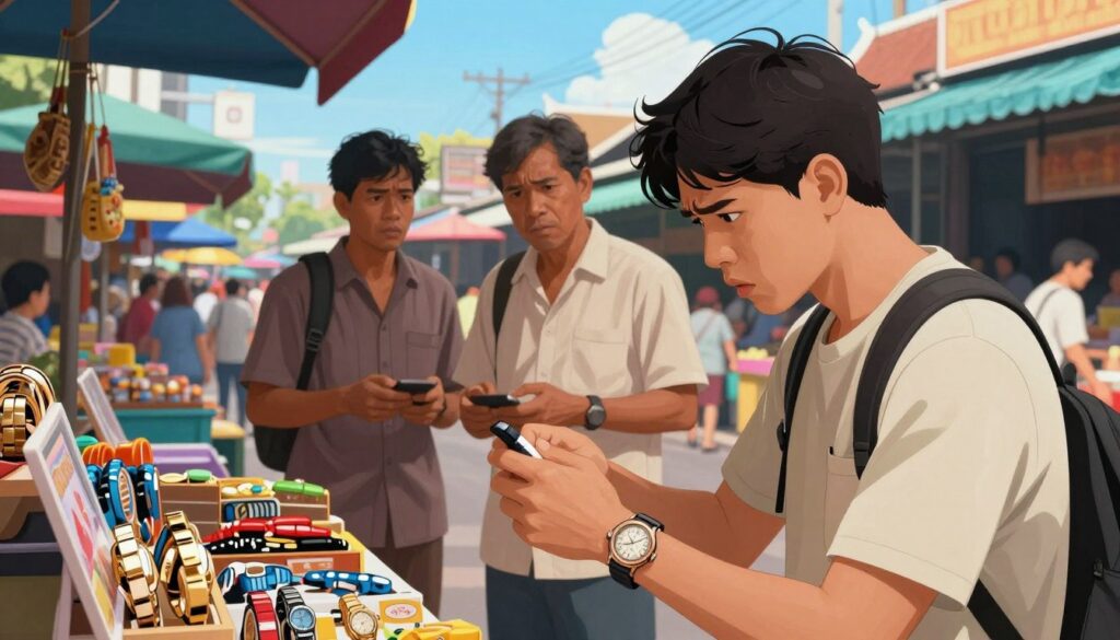 An illustration depicting common scams encountered in Thailand. In the foreground, a worried tourist examining a suspicious street vendor's products, looking closely at a fake watch being offered. In the middle ground, two local men, dressed in modest clothing, are seen engaging with another tourist, showcasing both friendliness and deception. The background features a vibrant Thai market, filled with colorful stalls and bustling crowds. The scene is brightly lit, capturing the lively atmosphere of the market under a clear blue sky. The perspective is slightly angled, adding depth to the composition, creating a sense of intrigue and caution. The mood is tense yet dynamic, highlighting the need for awareness in a lively yet potentially risky environment.