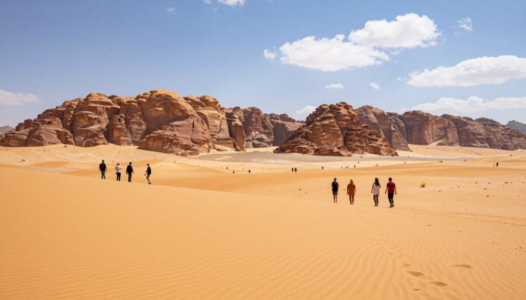 Golden dunes of Wadi Rum bathed in soft, warm sunlight, with towering red sandstone cliffs rising majestically in the background. In the foreground, a gentle ripple of wind creates patterns in the sand. A group of tourists is seen in modest casual clothing, exploring the landscape, their expressions reflecting wonder and serenity. The sky is a brilliant blue with a few fluffy clouds, capturing the tranquility of the desert environment. The scene should evoke a sense of adventure and peaceful exploration. Use a wide-angle lens perspective to emphasize the vastness of the desert, highlighting both the spaciousness of the landscape and the intimacy of the human experience within it. The lighting should be soft and inviting, creating a harmonious atmosphere.