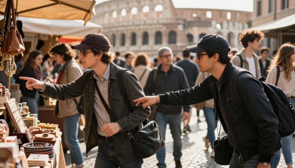 In a bustling Roman street scene, focus on a group of pickpockets in action, blended with the crowd. In the foreground, depict a sharply-dressed individual in an open-air market, skillfully distracting a tourist by pointing at a stall, while a second pickpocket stealthily reaches for the tourist's bag. The middle ground shows a diverse crowd, highlighting various tourists and locals going about their day, with the sun casting warm, golden light on the scene, creating a lively, energetic atmosphere. In the background, iconic Roman architecture, like the Colosseum, can be seen, slightly blurred to emphasize the foreground activities. Capture the tension and cleverness of the thieves, while maintaining a candid yet professional ambiance.