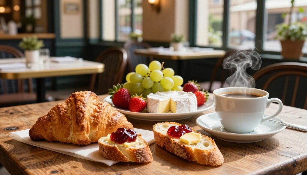 A beautifully arranged French breakfast spread on a rustic wooden table, showcasing a variety of regional specialties. In the foreground, a fresh croissant and a slice of baguette with creamy butter and handmade jam, artfully placed next to a cup of rich, steaming café au lait. In the middle, a platter adorned with sliced brie and fresh fruits like ripe strawberries and unblemished grapes. The background features a softly blurred quaint French café with charming bistro tables and hanging plants, illuminated by warm morning sunlight streaming through large windows. The atmosphere is inviting and relaxed, evoking the essence of leisurely mornings in France. Capture this scene with a warm, natural light, focusing on the textures of the food and the inviting ambiance of the café setting, from a slightly elevated angle.