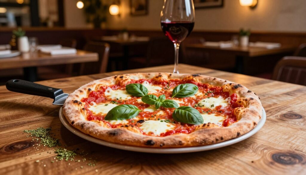 A beautifully arranged Italian pizza, nestled on a rustic wooden table, features a golden-brown crust with bubbling mozzarella cheese, vibrant red tomato sauce, and fresh basil leaves scattered on top. In the foreground, a pizza cutter rests next to the pizza, while a sprinkling of oregano adds a touch of authenticity. In the middle ground, a soft-focus glass of red wine pairs perfectly with the dish, exuding an inviting atmosphere. The background shows a cozy Italian trattoria, softly lit with warm yellow lights and wooden decor, enhancing the romantic vibe of a perfect date night. The scene is captured from a slight overhead angle, creating an intimate feel, with natural light filtering in to produce a warm, inviting glow.