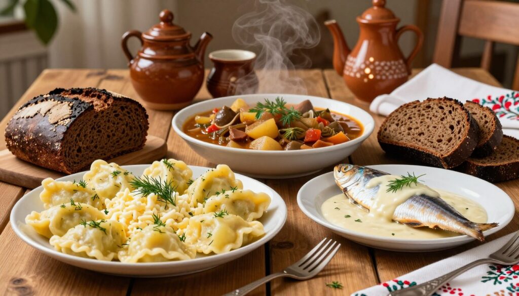 A beautifully arranged Polish cuisine feast set on a rustic wooden table. In the foreground, vibrant, homemade pierogi filled with potatoes and cheese, garnished with fresh dill, alongside a plate of marinated herring in a creamy sauce. To the side, freshly baked dark rye bread with a crispy crust, sliced and ready to enjoy. In the middle, a hearty plate of traditional Polish stew, steaming and aromatic, invitingly displayed. The background features a warm, cozy dining atmosphere with soft, ambient lighting and authentic Polish decorations like pottery and embroidered tablecloths. The mood is inviting and homely, perfect for showcasing the rich flavors of Polish cuisine in Gdańsk.