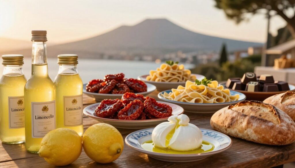 A beautifully arranged display of edible souvenirs from Campania, showcasing traditional Neapolitan culinary delights. In the foreground, vibrant jars of local limoncello with bright yellow lemons beside them, a wedge of rich, creamy buffalo mozzarella drizzled with olive oil, and a rustic loaf of Neapolitan bread. The middle ground features an assortment of colorful plates filled with sun-dried tomatoes, handmade pasta, and artisanal chocolates, meticulously presented on a wooden table. In the background, the iconic silhouette of Mount Vesuvius is softly lit by the warm glow of golden hour, casting a gentle light over the scene. The atmosphere is inviting and nostalgic, evoking the rich flavors and traditions of Naples. Capture this with a shallow depth of field to emphasize the foreground items, keeping the background slightly blurred for depth.