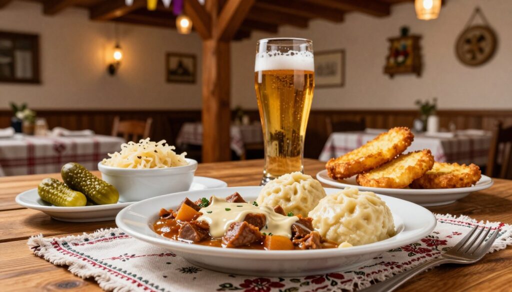 A beautifully arranged plate featuring classic Czech dishes, including a serving of hearty svíčková with creamy sauce, tender goulash with dumplings, and crispy fried cheese. The foreground showcases an elegant wooden table with a rustic tablecloth, adorned with a side of fresh pickles and a small bowl of delicious sauerkraut. In the middle, a glass of pale lager is placed alongside the plate, reflecting the golden tones of the beer. The background features a warm, inviting restaurant ambiance with soft, ambient lighting, wooden beams, and traditional Czech decor, evoking a cozy atmosphere. The image captures the essence of Czech culinary tradition, highlighting flavors and textures that invite exploration. The overall mood is warm, welcoming, and festive, perfect for a gastronomic experience.